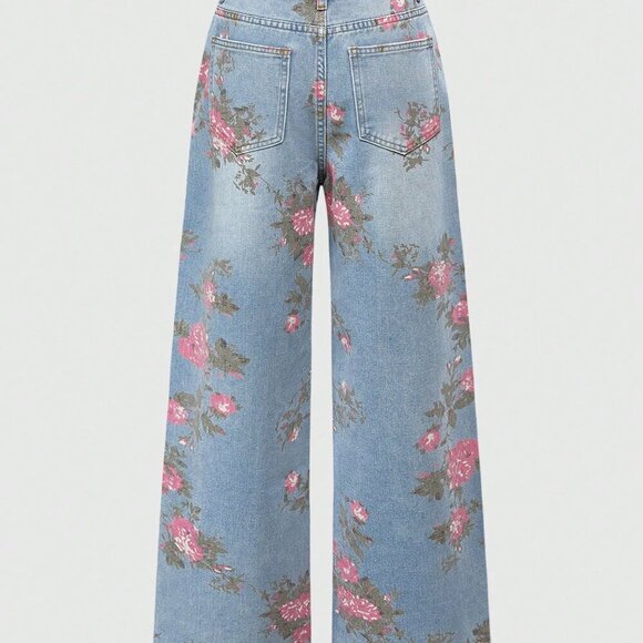 Pink Casual Women's Floral Print Washed Loose Wide-Leg Denim Jeans - Picture 2 of 4